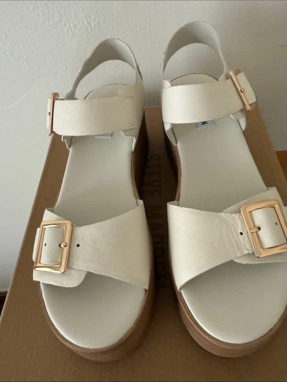 Steve Madden Cream Leather Platform Sandals with Gold Buckles